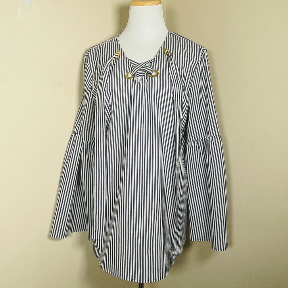 MICHAEL KORS Blue and White Wide Sleeve Blouse Size L